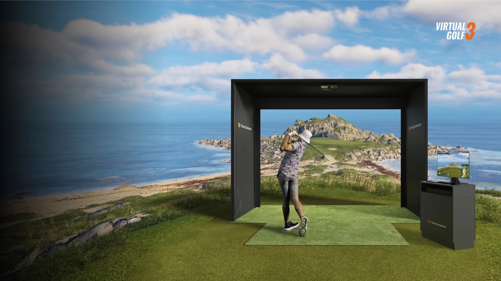 Immersive Trackman Virtual Golf bay showing a coastal course on a floor-to-ceiling screen